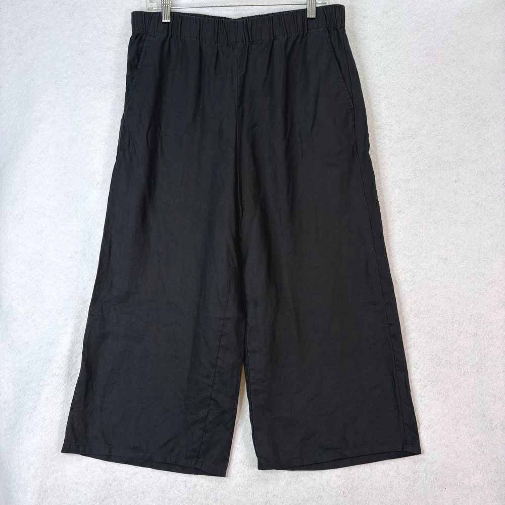 Eileen Fisher Organic Linen Wide Leg Black Crop Pants Womens M Lagenlook Casual